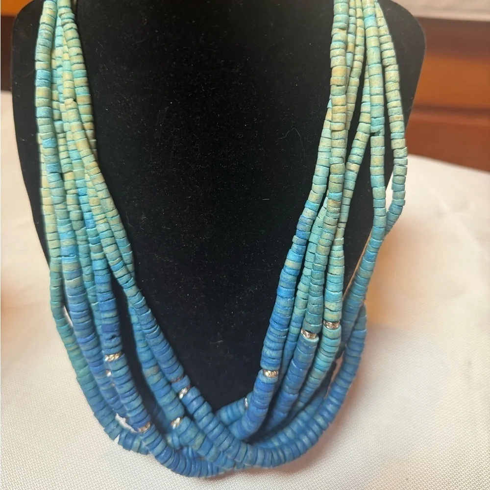 Blue Multi-Strand Beaded Necklace & Stretch Bracelet - Like New